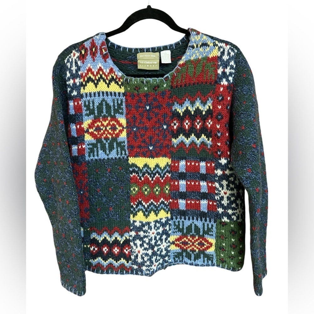 Liz Claiborne Lizwear Knitted By Hand Wool Colorful Sweater Small